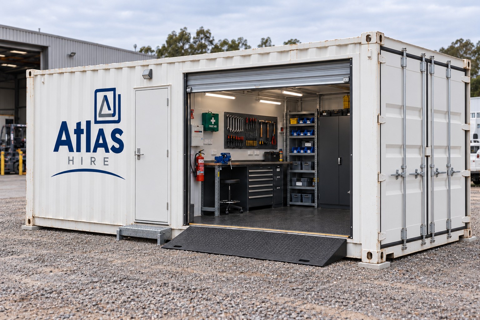 Illustrative industrial container with tool-room access