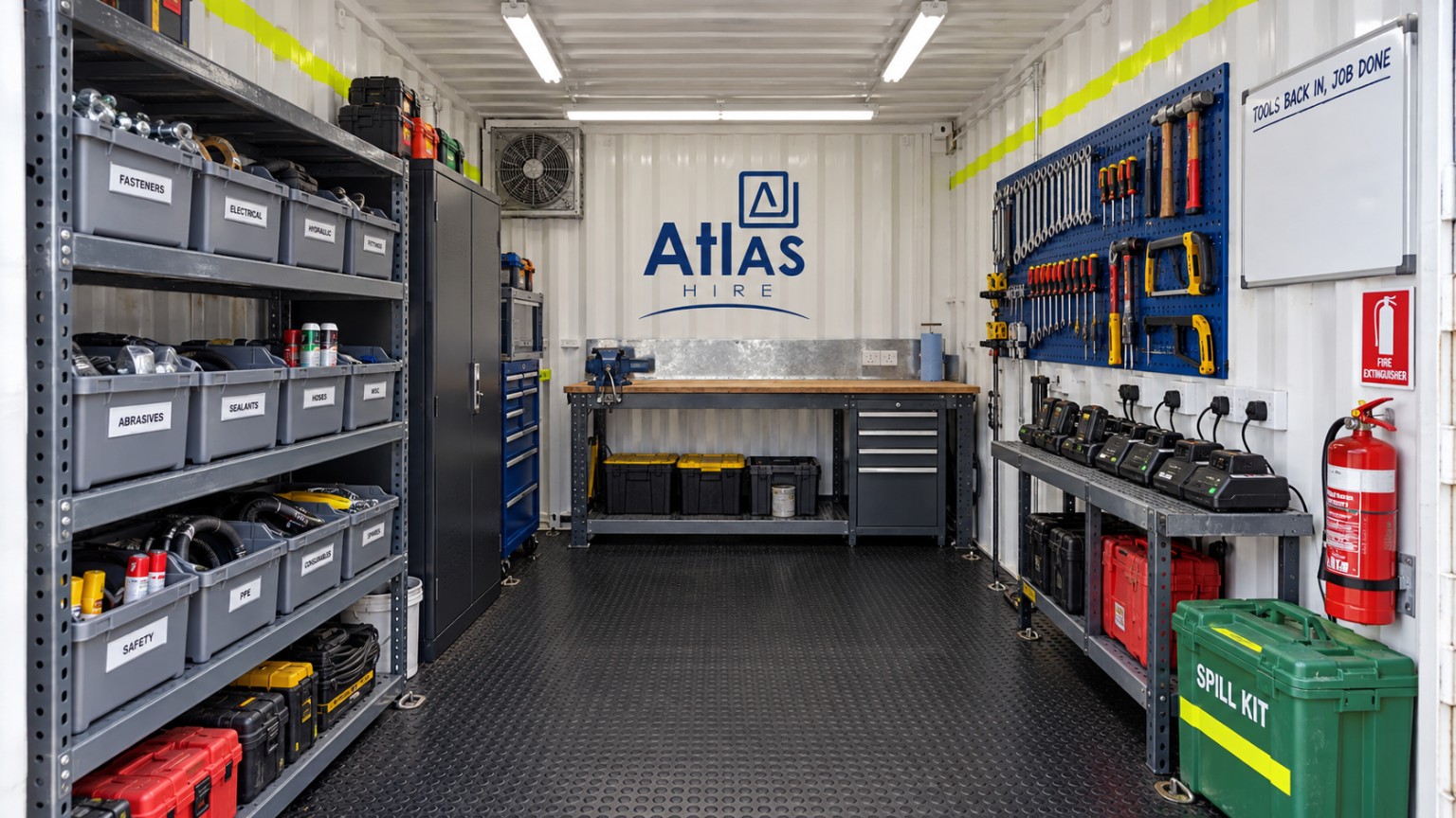 Illustrative tool-room layout with workbenches, shelving and tool storage